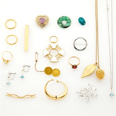 Lot 228 - Group of Gold, Low Karat Gold, Gilt-Metal and Silver Jewelry, Items and Fragments