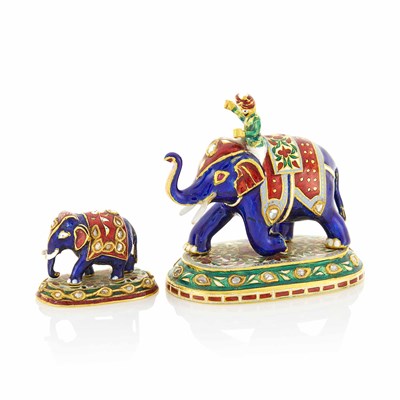 Lot 241 - Two High Karat Gold, Blue and Jaipur Enamel and Diamond Elephant and Rider Desk Objects