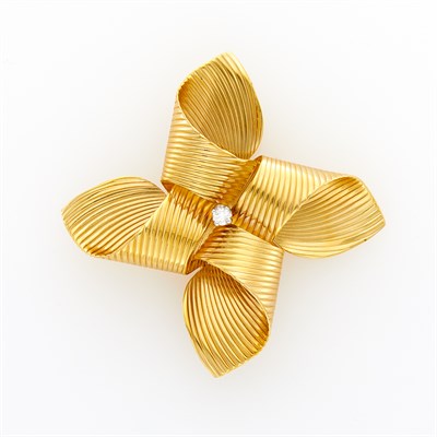 Lot 25 - Gold and Diamond Ribbon Clip-Brooch