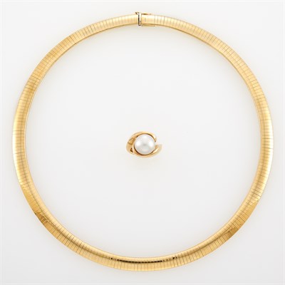 Lot 1108 - Gold Omega Necklace and Cultured Pearl Ring