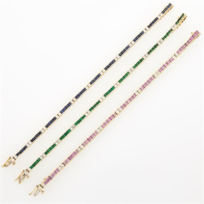 Lot 1013 - Three Gold, Colored Stone and Diamond Bracelets