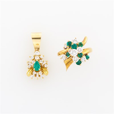 Lot 1106 - Gold, Diamond and Emerald Cluster Bypass Ring and Pendant