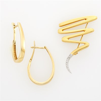 Lot 1027 - Pair of Gold Hoop Earrings and Tiffany & Co., Paloma Picasso Gold, Platinum and Diamond 'Scribble' Pin