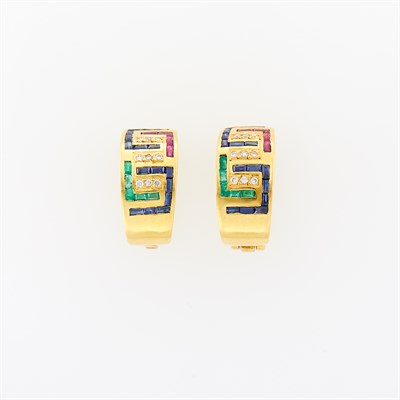 Lot 1117 - Pair of Gold, Colored Stone and Diamond Earrings