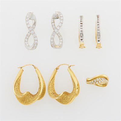 Lot 1098 - Three Pairs of Gold, White Gold and Diamond Hoop Earrings and Band Ring