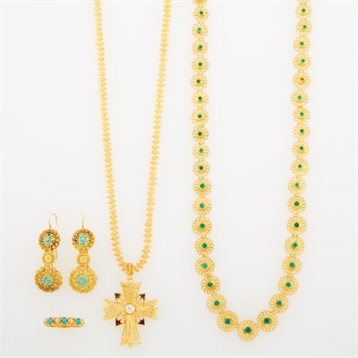 Lot 136 - Pair of Gold and Turquoise Pendant-Earrings and Band Ring, Gold and Emerald Necklace and Cross Pendant-Necklace