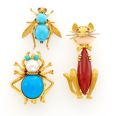 Lot 125 - Three Gold, Coral, Cultured Pearl, Turquoise and Turquoise Composite Pins