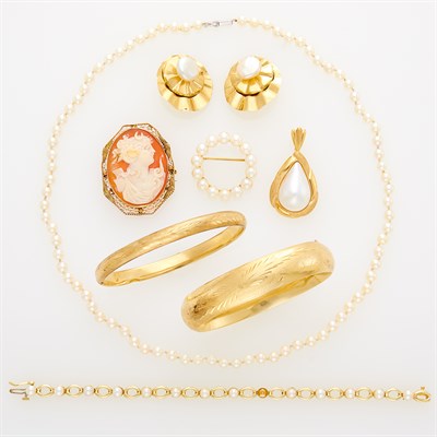 Lot 1146 - Group of Gold, Low Karat Gold and Cultured Pearl Jewelry