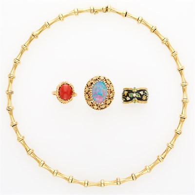 Lot 1150 - Group of Three Gold and Gem-Set Rings with a Gold Link Necklace