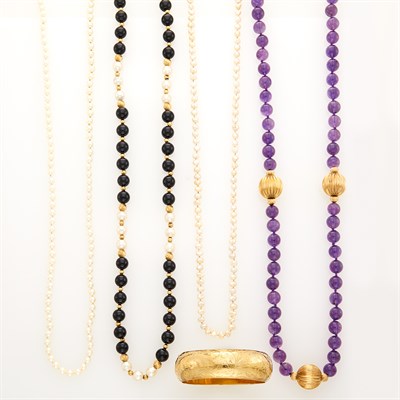 Lot 1243 - Two Gold Bead, Amethyst, Cultured Pearl and Black Onyx Necklaces, Two Cultured Pearl Necklaces and Gold Bangle Bracelet