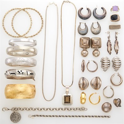 Lot 1244 - Gold Bangle Bracelet, Pair of Gold Hoop Earrings and Group of Silver Jewelry