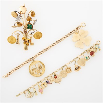 Lot 1144 - Two Gold Charm Bracelets and Charm Brooch