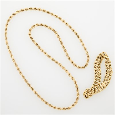 Lot 1168 - Long Gold Rope-Twist Chain Necklace and Link Bracelet