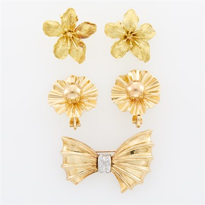 Lot 1127 - Gold and Diamond Bow Pin and Pair of Gold Flower Earclips and Trabert & Hoeffer, Mauboussin Pair of Gold Ribbon Earclips