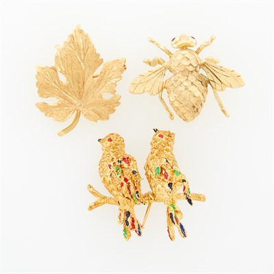 Lot 1133 - Gold and Enamel Love Bird Pin and Gold Leaf Pin and Peter Lindeman Gold Bee Pin
