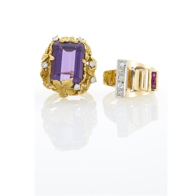Lot 1160 - Gold, Amethyst and Diamond Leaf Ring and Gold, Diamond and Ruby Buckle Ring