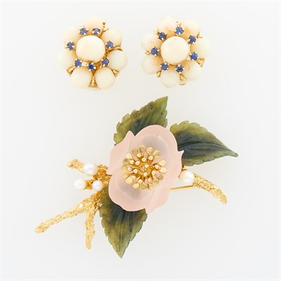 Lot 1074 - Pair of Gold, Angel Skin Coral and Sapphire Earclips and Carved Nephrite and Glass and Cultured Pearl Flower Brooch