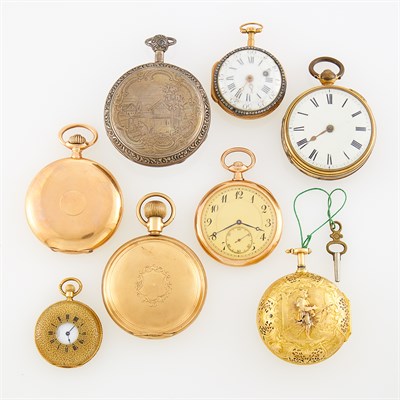 Lot 1230 - Group of Gold, Gold-Filled, Silver, Nickel and Brass Pocket Watches