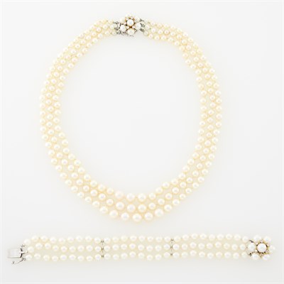 Lot 1173 - Triple Strand Cultured Pearl Necklace and Bracelet with White Gold, Cultured Pearl and Diamond Clasps