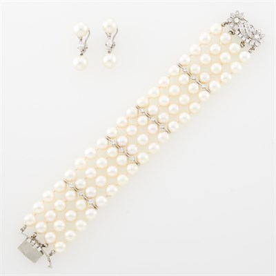Lot 1042 - Four Strand Cultured Pearl, White Gold and Diamond Bracelet and Pair of Cultured Pearl and Diamond Pendant-Earclips