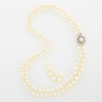 Lot 1172 - Double Strand Cultured Pearl Necklace with White Gold, Cultured Pearl and Diamond Clasp