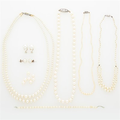 Lot 1171 - Four Cultured Pearl Necklaces, Pair of Earclips and Stud Earrings