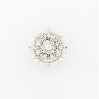 Lot 1062 - Platinum, White Gold, Cultured Pearl and Diamond Pendant-Brooch