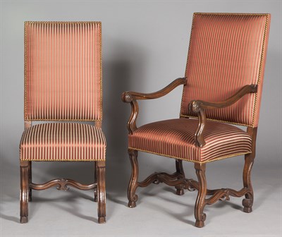 Lot 590 - Set of Fourteen Silk-Upholstered Stained Oak...