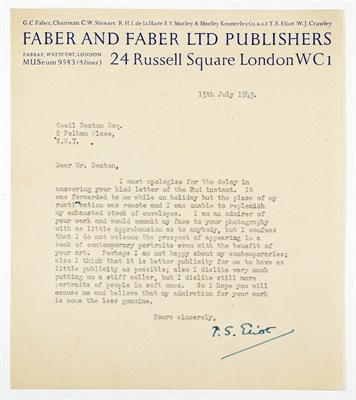 Lot 1058 - [BEATON, CECIL] ELIOT, THOMAS STEARNS. Typed...