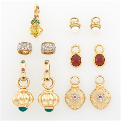 Lot 1147 - Pair of Gold and Colored Stone Earrings with Interchangeable Pendants and Gem-Set Enhancer