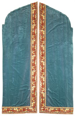 Lot 69 - Five Pair of Shaped Pleated Blue Velvet...