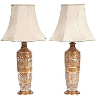 Lot 263 - Pair of Satsuma Gold Ground Earthenware Lamps...
