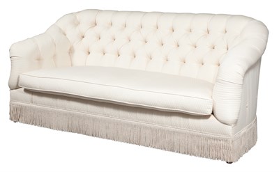 Lot 326 - White Fabric-Tufted and Fringed Sofa Height 36...
