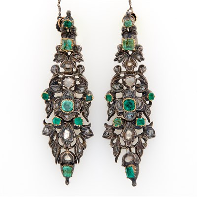 Lot 175 - Pair of Antique Silver, Emerald and Diamond Pendant-Earclips