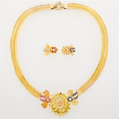 Lot 134 - Two-Color Gold, Diamond and Gem-Set Flower and Bee Necklace and Two Rings