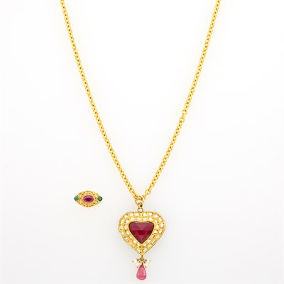 Lot 22 - High Karat Gold, Foil-Backed Synthetic Ruby, Diamond, Ruby Bead, Freshwater Pearl and Enamel Pendant with Chain Necklace and Ring