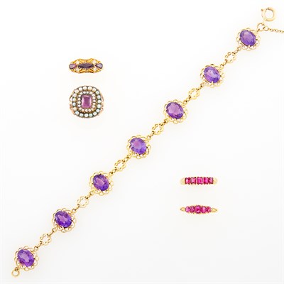 Lot 184 - Low Karat Gold and Amethyst Bracelet and Georgian Pink Topaz and Split Pearl Ring and Three Gold and Gem-Set Rings