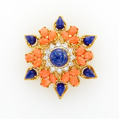 Lot 96 - Gold, Lapis, Coral and Diamond Pendant-Brooch