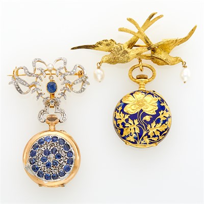 Lot 193 - Two Gold, Diamond, Sapphire, Pearl and Enamel Lapel-Watches