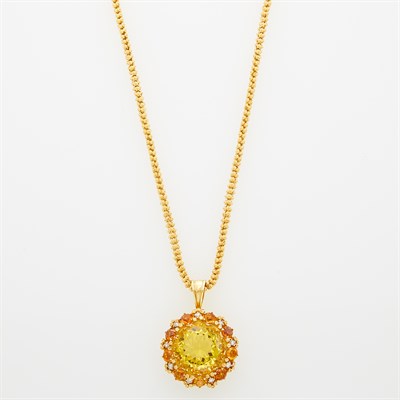Lot 20 - Gold, Yellow Glass, Citrine and Diamond Pendant with Chain Necklace
