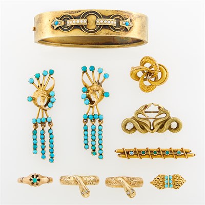 Lot 192 - Group of Antique and Period Gold, Low Karat Gold, Gold-Filled and Turquoise Jewelry