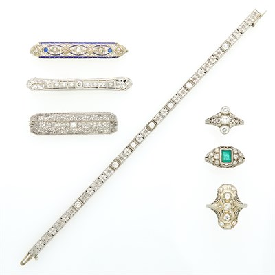 Lot 86 - White Gold and Diamond Bracelet, Three Rings and Three Bar Pins