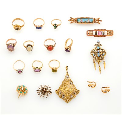 Lot 191 - Group of Antique Gold, Platinum, Low Karat Gold, Gilt-Metal and Gem-Set Jewelry