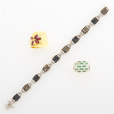 Lot 220 - Two-Color Gold, Diamond and Colored Diamond Bracelet and Two Rings