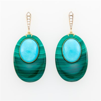 Lot 92 - Pair of Gold, Malachite, Turquoise and Diamond Pendant-Earrings