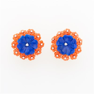 Lot 1096 - Pair of Gold, Carved Lapis, Coral and Diamond Flower Earclips