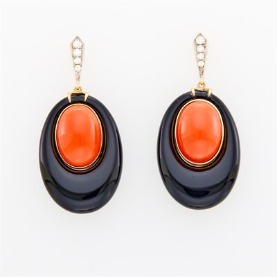 Lot 1031 - Pair of Gold, Black Onyx, Coral and Diamond Pendant-Earrings