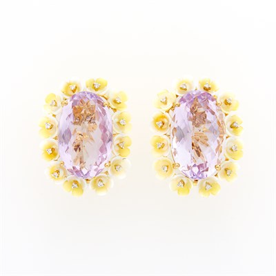 Lot 150 - Pair of Gold, Amethyst, Carved Mother-of-Pearl and Diamond Earclips