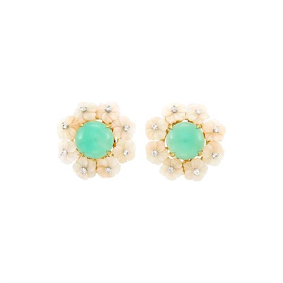 Lot 1202 - Pair of Gold, Green Chrysoprase, Carved Angel Skin Coral and Diamond Earclips