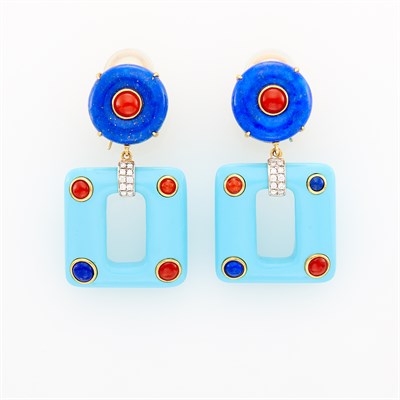 Lot 1086 - Pair of Gold, Lapis, Reconstituted Turquoise, Coral and Diamond Pendant-Earclips